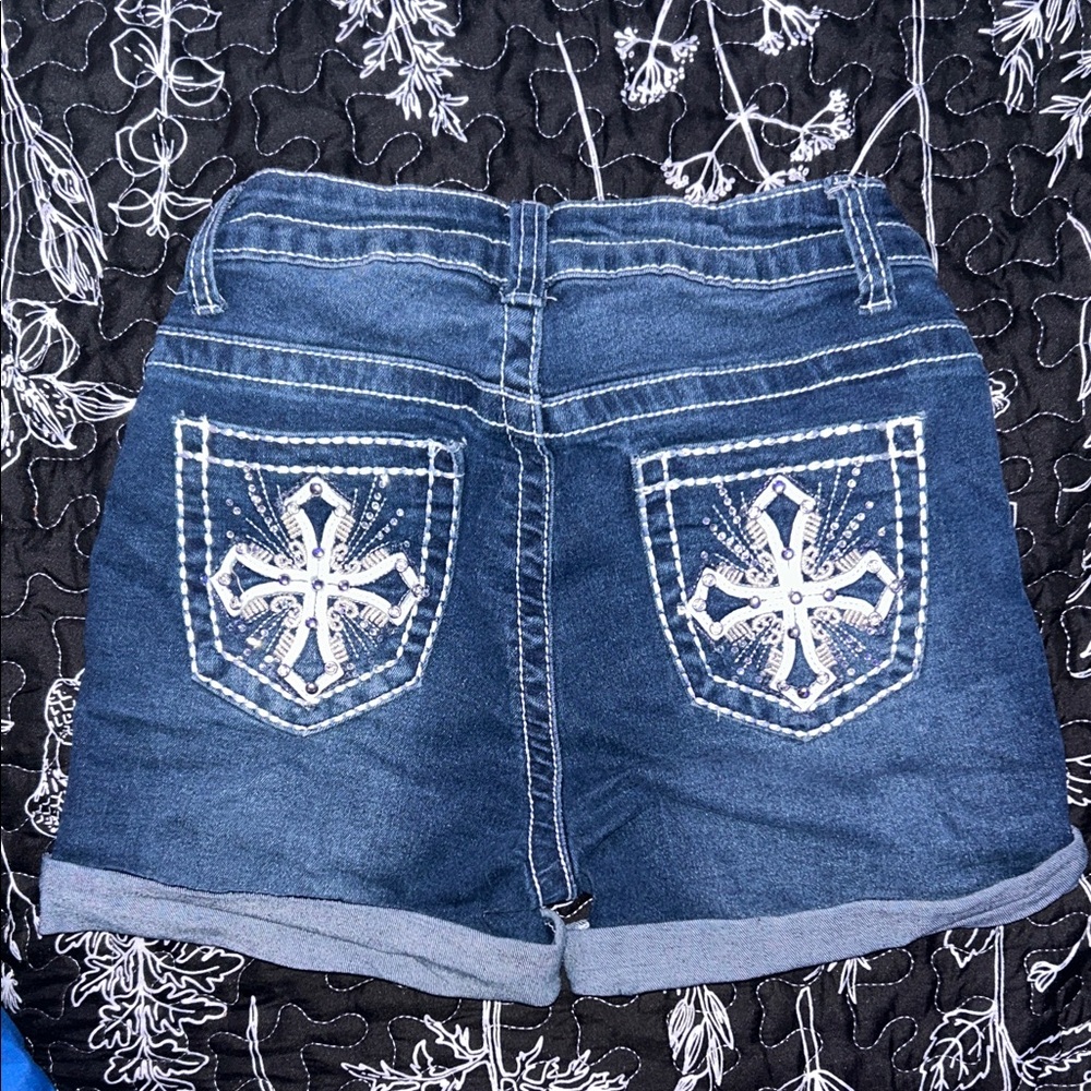 BAMBOO Blue Jean Shorts with Cross Embroidered Rhinestone Pockets
